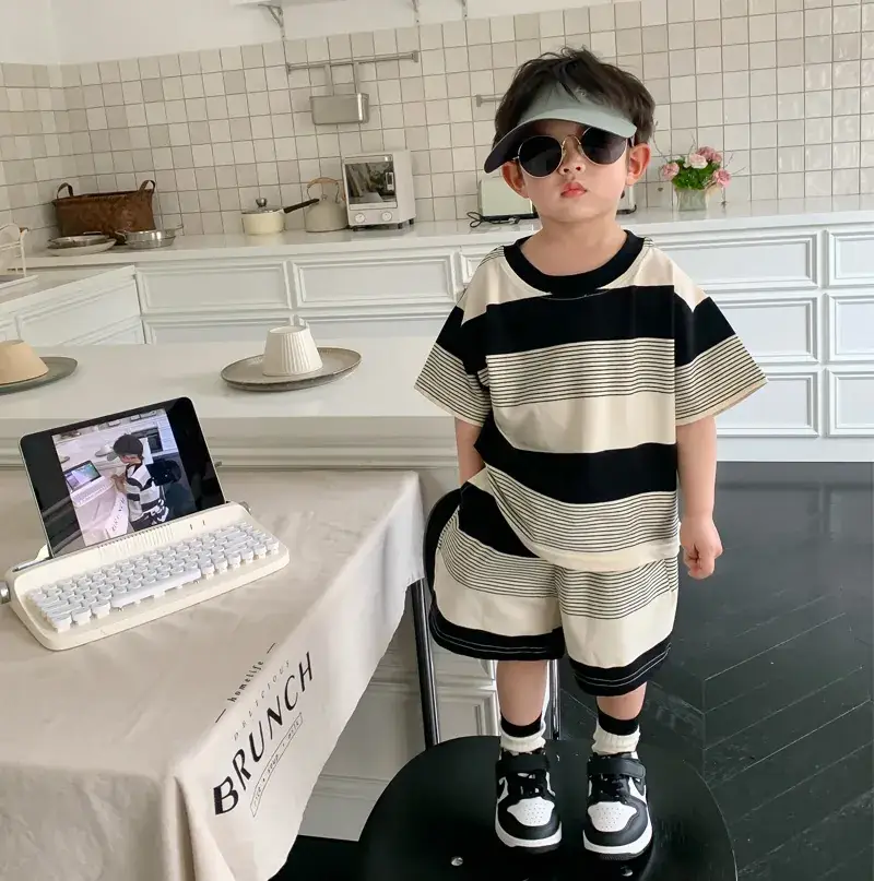Striped Family Suit for Women Black Beige T23X88