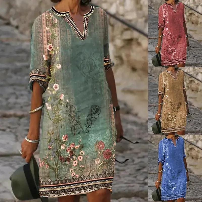 Women Printed V-neck Ethnic Dress Green Floral - Image 5