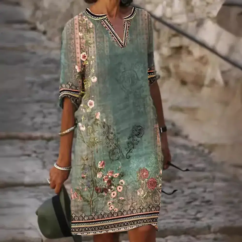 Women Printed V-neck Ethnic Dress Green Floral - Image 6