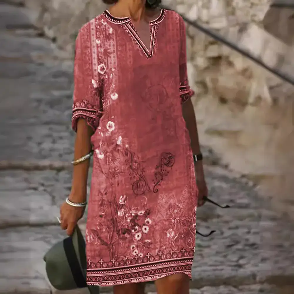 Women Printed V-neck Ethnic Dress Green Floral - Image 7