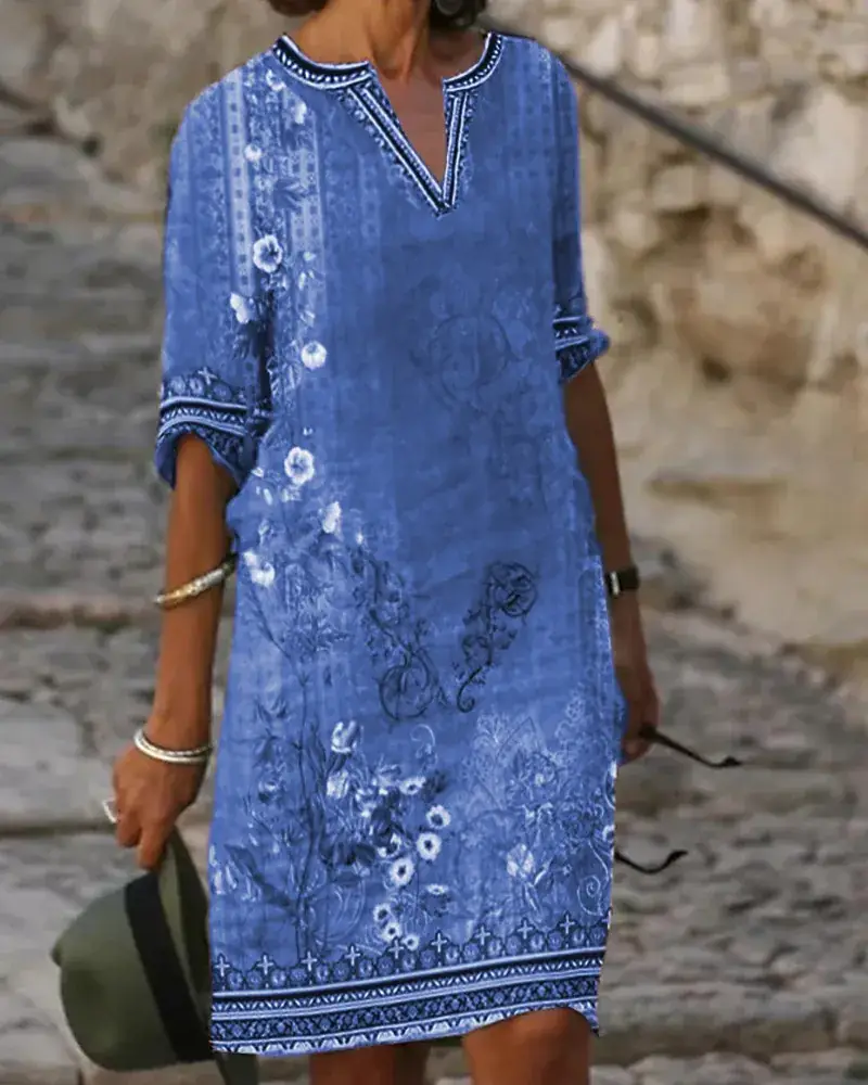 Women Printed V-neck Ethnic Dress Green Floral - Image 3