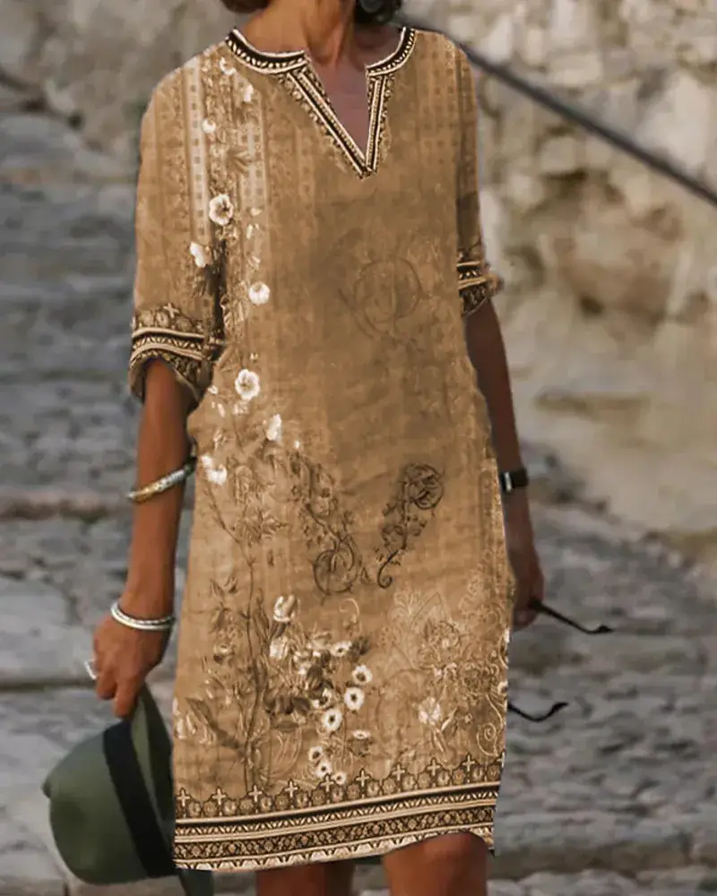 Women Printed V-neck Ethnic Dress Green Floral - Image 4