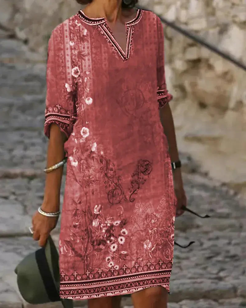 Women Printed V-neck Ethnic Dress Green Floral - Image 2