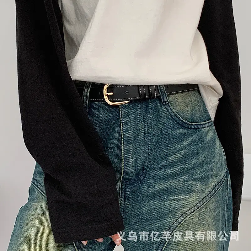 Black Leather Belt for Women with Gold Buckle - Image 3