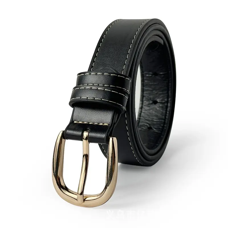 Black Leather Belt for Women with Gold Buckle