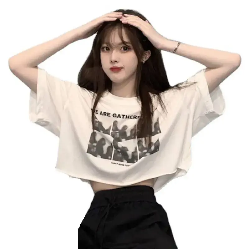 Korean Women's Black Graphic Crop Top Short Sleeve