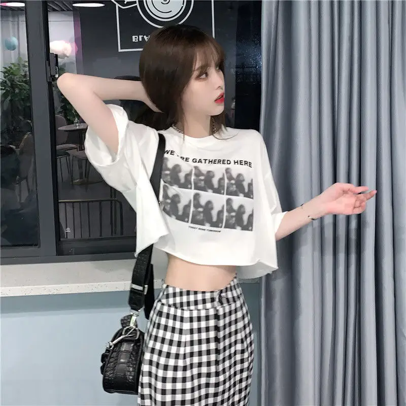 Korean Women's Black Graphic Crop Top Short Sleeve — feature 12