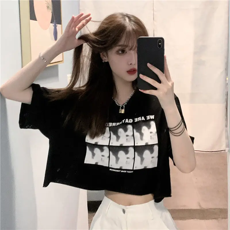 Korean Women's Black Graphic Crop Top Short Sleeve — feature 14