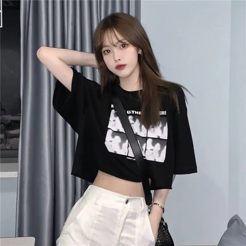 Korean Women's Black Graphic Crop Top Short Sleeve — feature 5