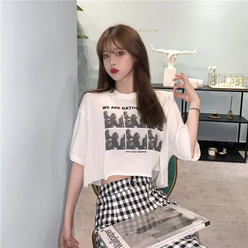 Korean Women's Black Graphic Crop Top Short Sleeve — feature 9