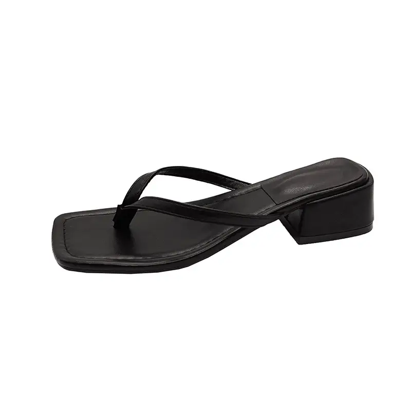 Women's Square Toe Beach Flip Flops Tan Thick Heel