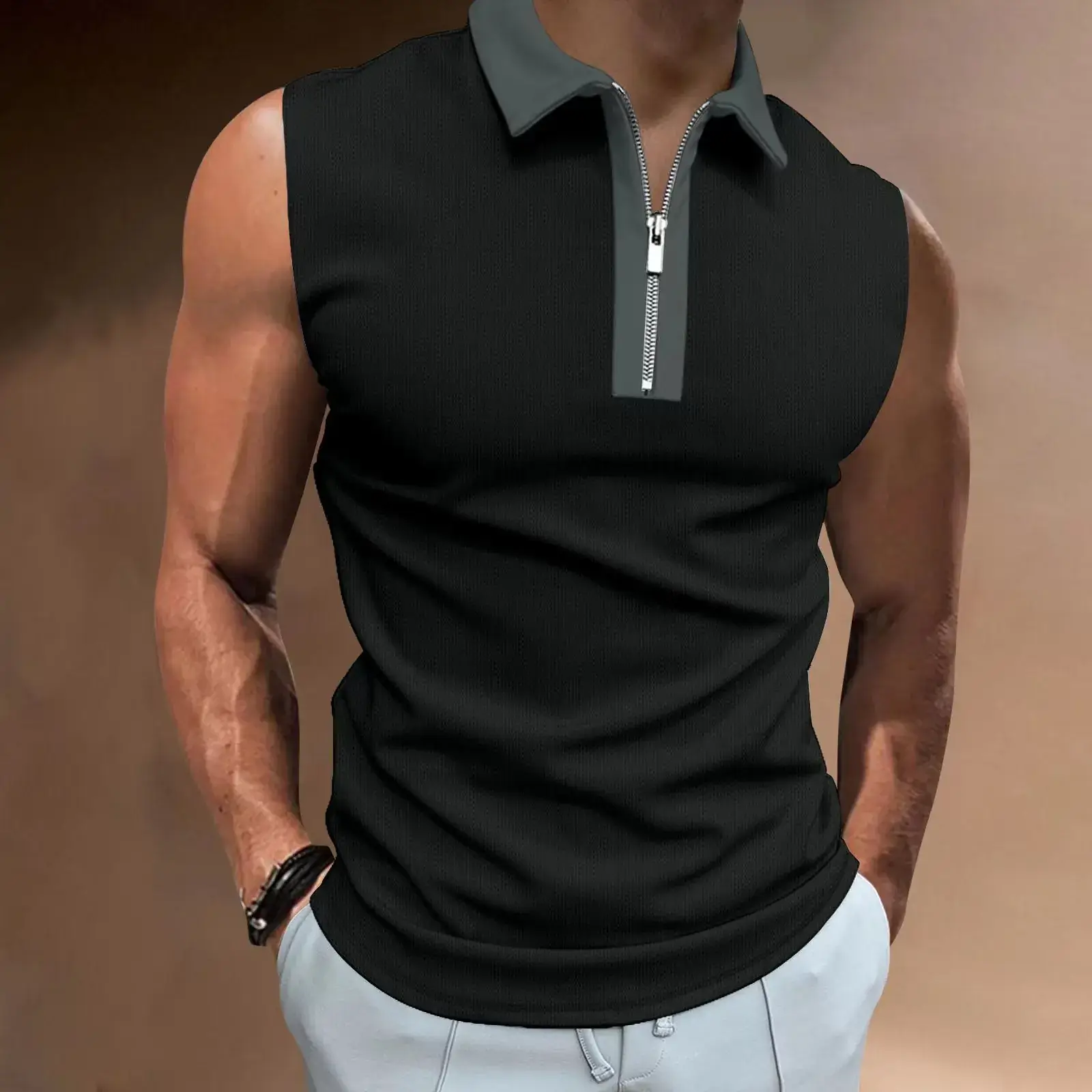 Men's Black Sleeveless Polo Top 2023 - Image 5