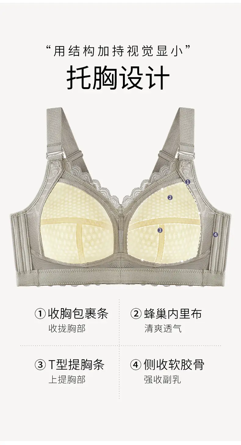 Large Chest Shiny Small Underwear Women's Thin Large Size Non-Steel Ring Gather-up Top Anti-sagging Accessory Breast Full Cup Bra — feature 3