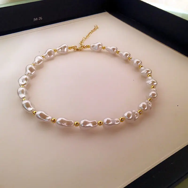 Pale Pink Natural Pearl Bar Necklace with Gold Plated Clavicle - Image 3