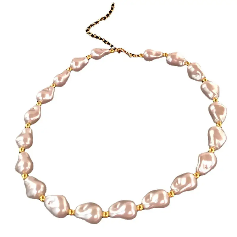 Pale Pink Natural Pearl Bar Necklace with Gold Plated Clavicle - Image 5