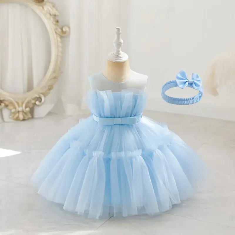 Light Blue Fluffy Mesh One-Yearold Dress for Girls