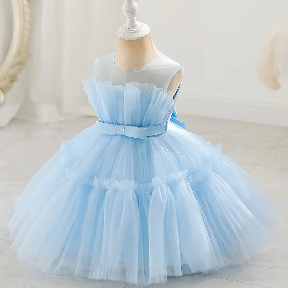 Light Blue Fluffy Mesh One-Yearold Dress for Girls — feature 7