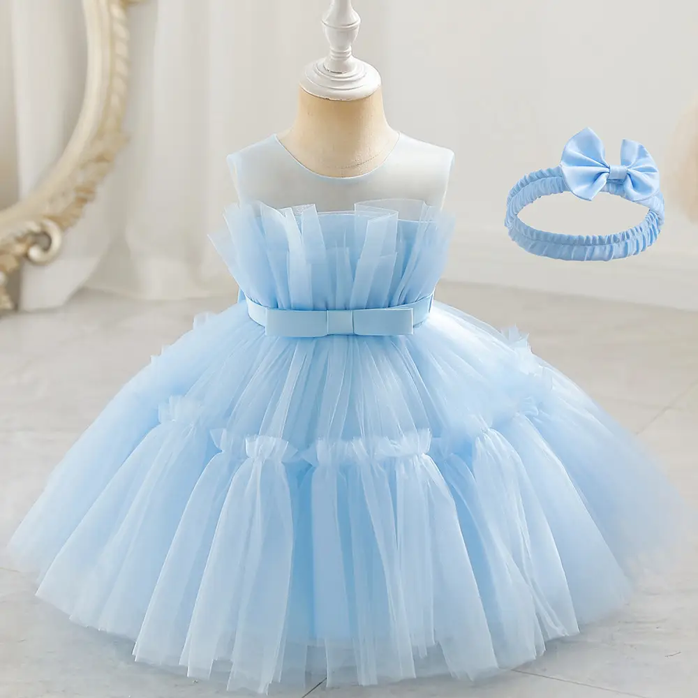 Light Blue Fluffy Mesh One-Yearold Dress for Girls — feature 8