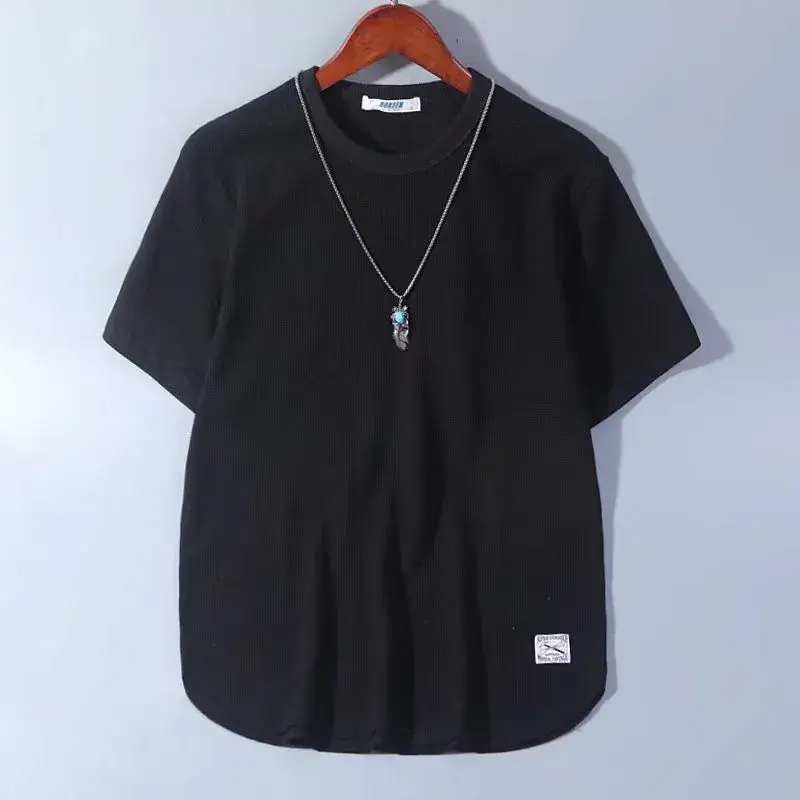 Men Black Waffle Knit T-Shirt Loose Summer 2025 - Image 3