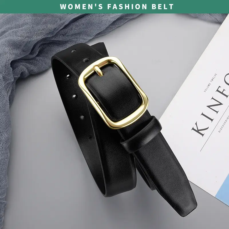 Women's Black Genuine Leather Belt with Gold Buckle - Image 3