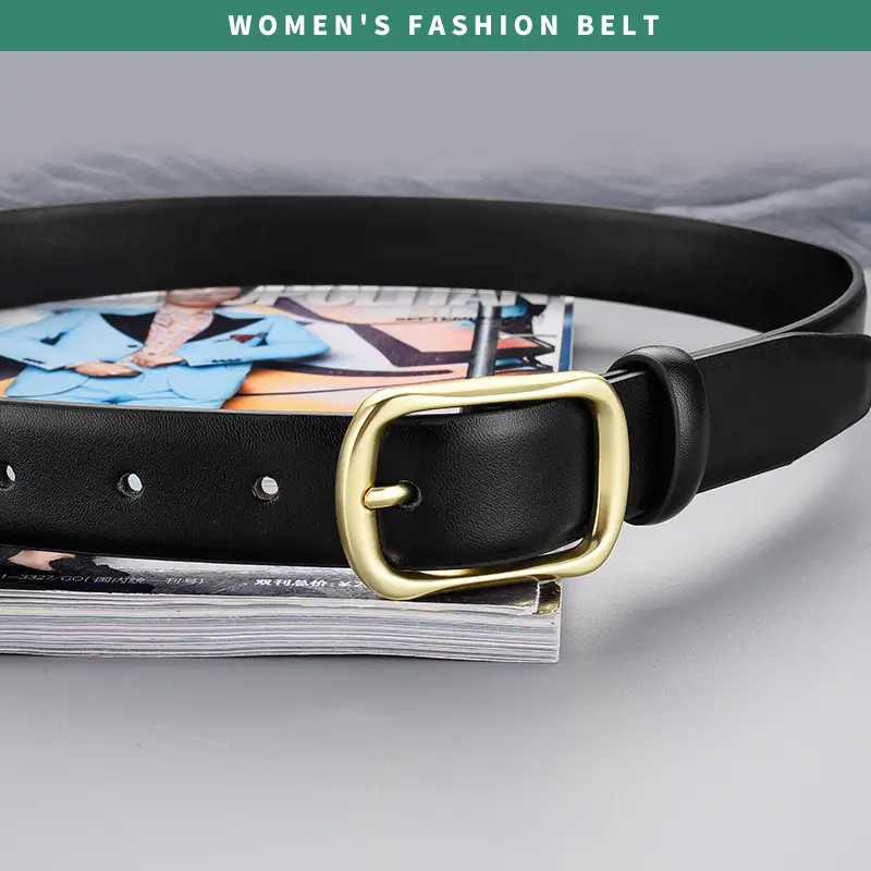 Women's Black Genuine Leather Belt with Gold Buckle - Image 4