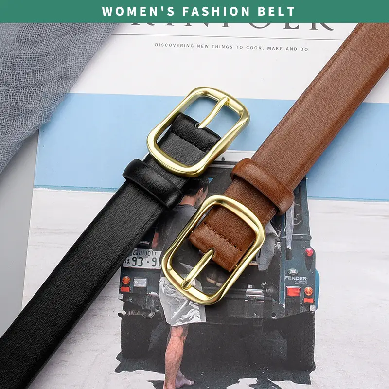 Women's Black Genuine Leather Belt with Gold Buckle - Image 5