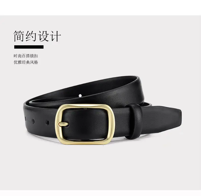Women's Black Genuine Leather Belt with Gold Buckle — feature 12