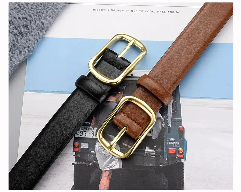 Women's Black Genuine Leather Belt with Gold Buckle — feature 13