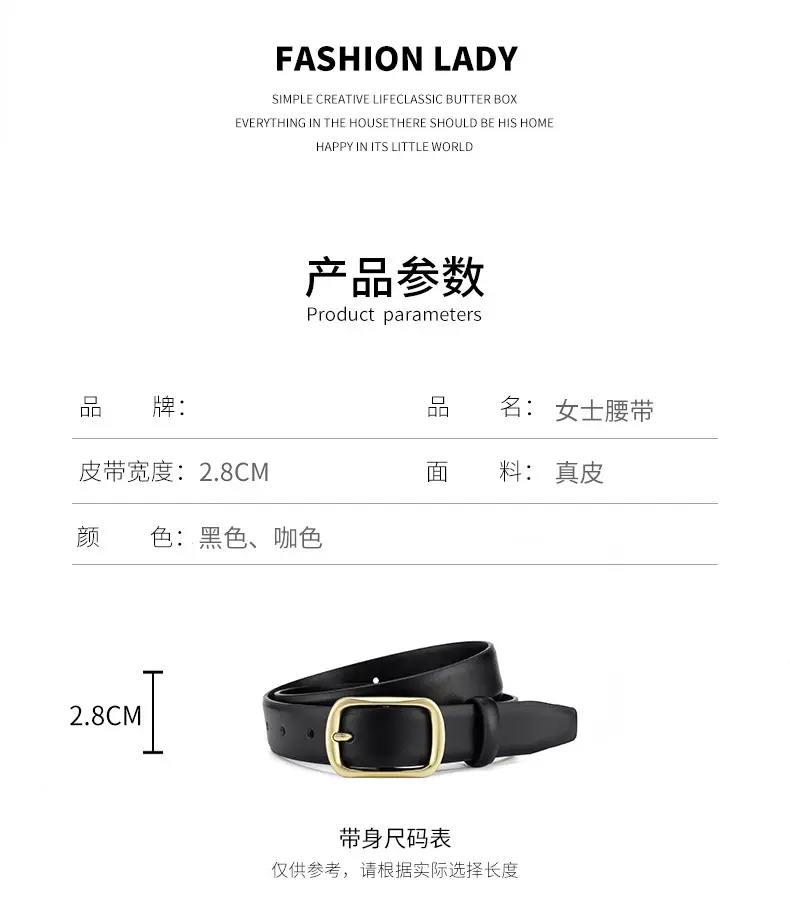 Women's Black Genuine Leather Belt with Gold Buckle — feature 15