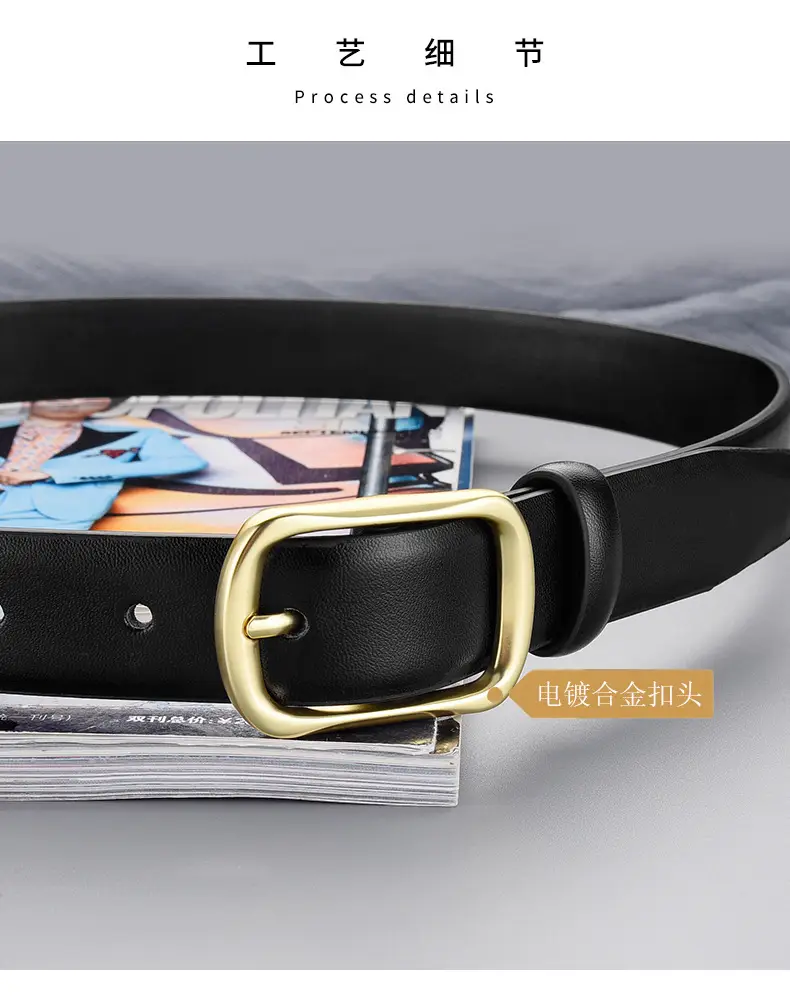 Women's Black Genuine Leather Belt with Gold Buckle — feature 17