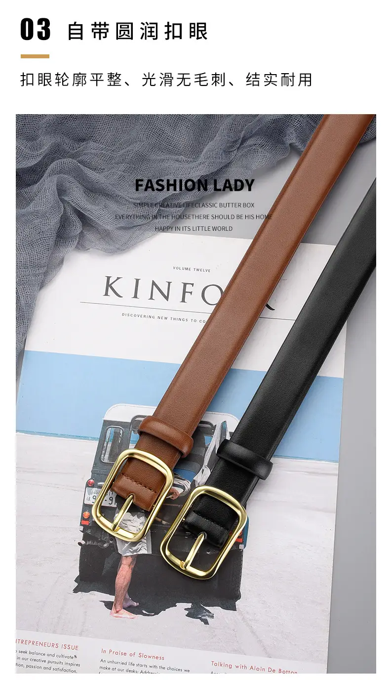 Women's Black Genuine Leather Belt with Gold Buckle — feature 20