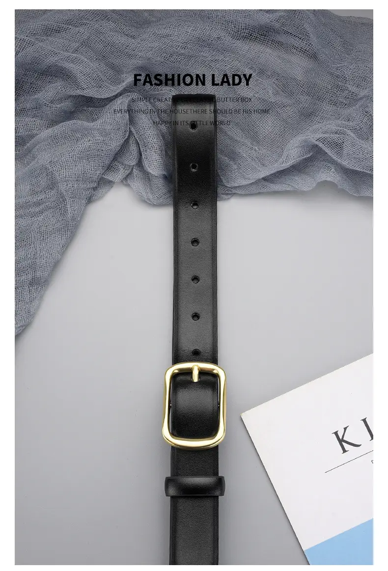 Women's Black Genuine Leather Belt with Gold Buckle — feature 23