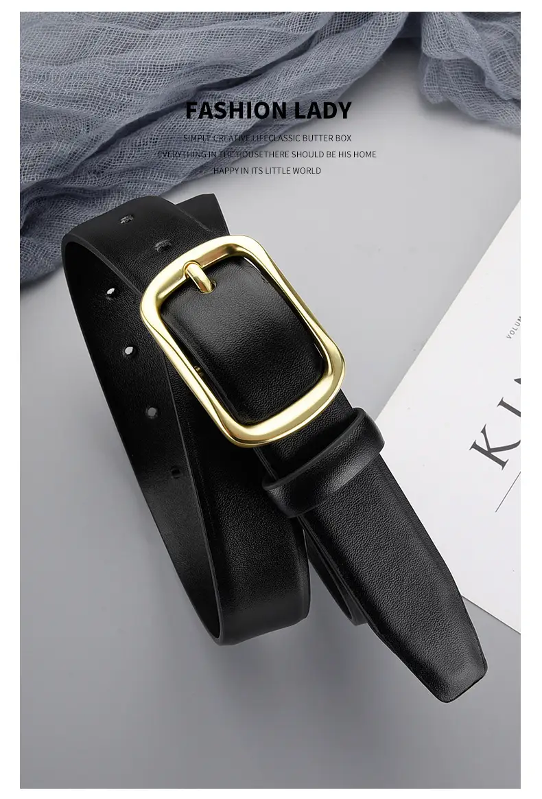 Women's Black Genuine Leather Belt with Gold Buckle — feature 24