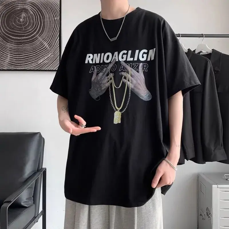 Men Black Graphic T-Shirt Short Sleeve Summer Loose Fit - Image 4