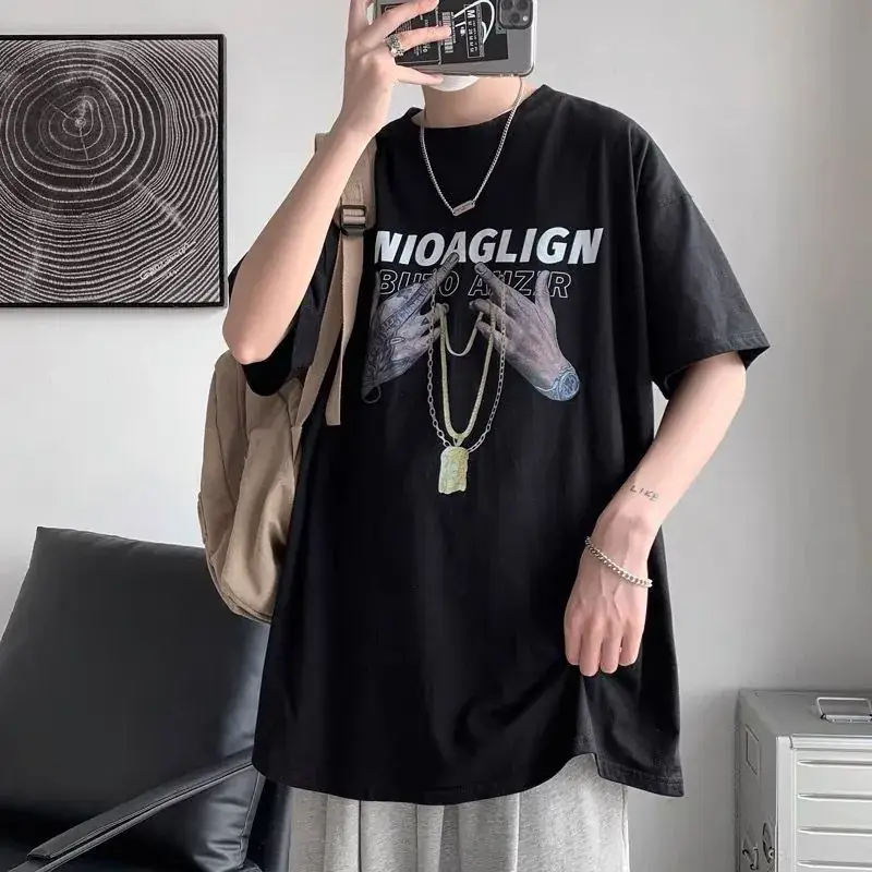 Men Black Graphic T-Shirt Short Sleeve Summer Loose Fit - Image 6