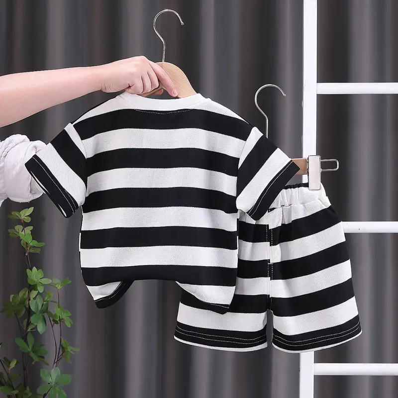 Children Striped Cotton T-Shirt Shorts Set Black White
