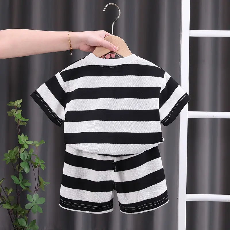 Children Striped Cotton T-Shirt Shorts Set Black White