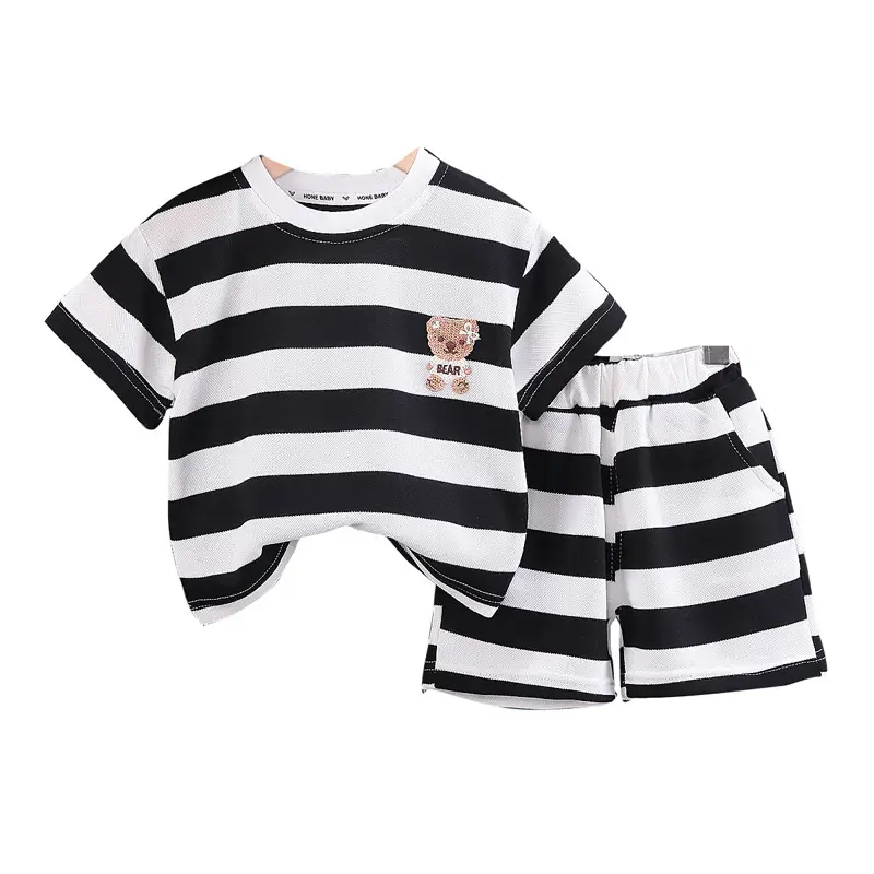 Children Striped Cotton T-Shirt Shorts Set Black White
