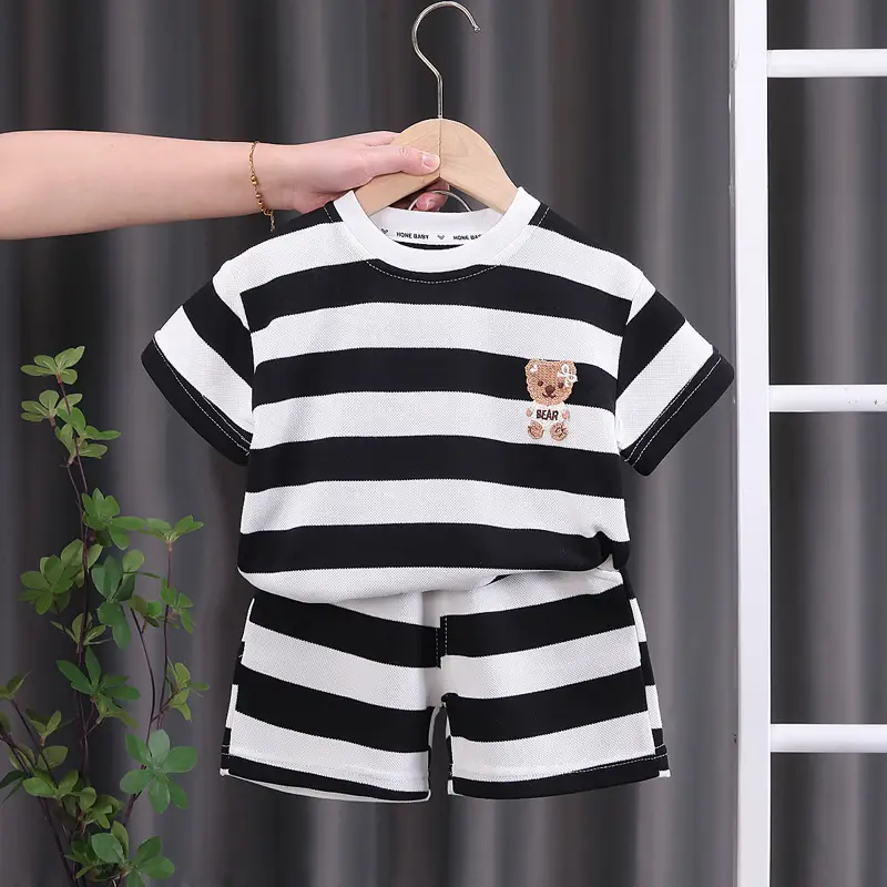 Children Striped Cotton T-Shirt Shorts Set Black White — feature 1