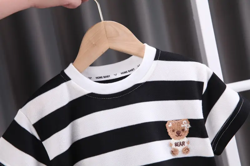 Children Striped Cotton T-Shirt Shorts Set Black White — feature 4