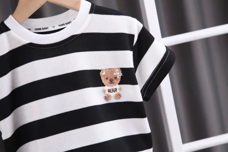 Children Striped Cotton T-Shirt Shorts Set Black White — feature 5