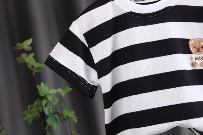 Children Striped Cotton T-Shirt Shorts Set Black White — feature 6