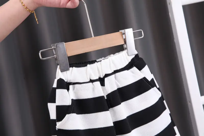 Children Striped Cotton T-Shirt Shorts Set Black White — feature 8