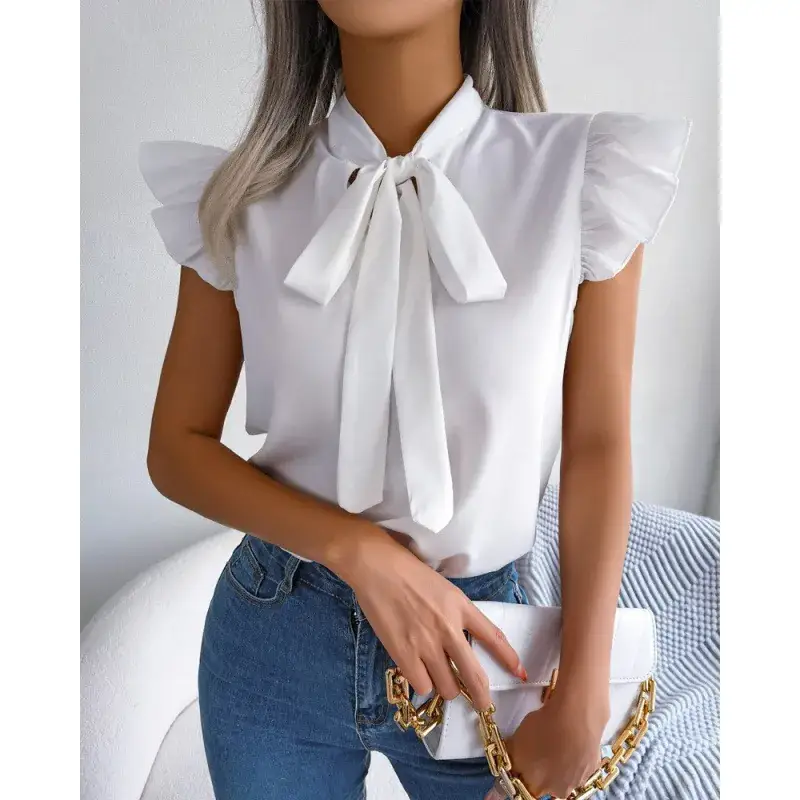 Blue Bow Short Sleeve Top for Women Summer Wear - Image 5