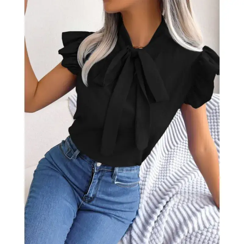 Blue Bow Short Sleeve Top for Women Summer Wear - Image 3