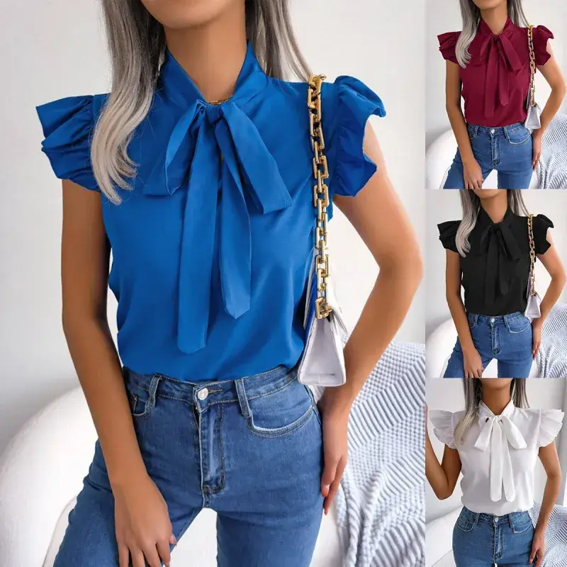 Blue Bow Short Sleeve Top for Women Summer Wear - Image 6