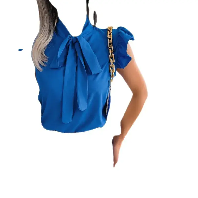 Blue Bow Short Sleeve Top for Women Summer Wear - Image 7