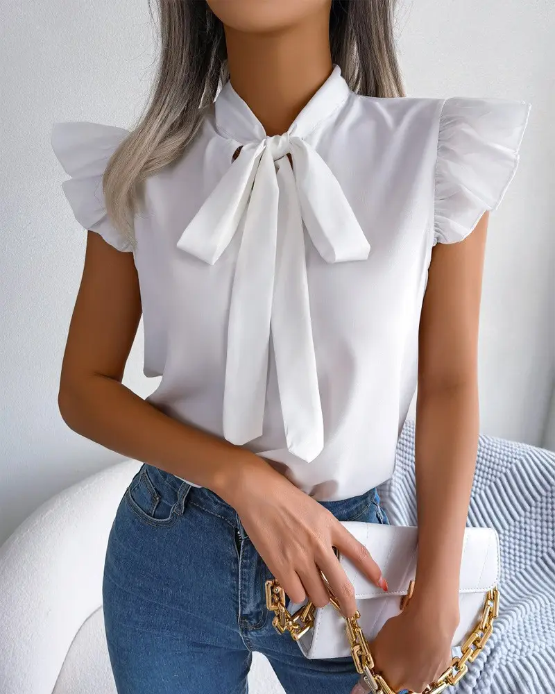 Blue Bow Short Sleeve Top for Women Summer Wear — feature 11