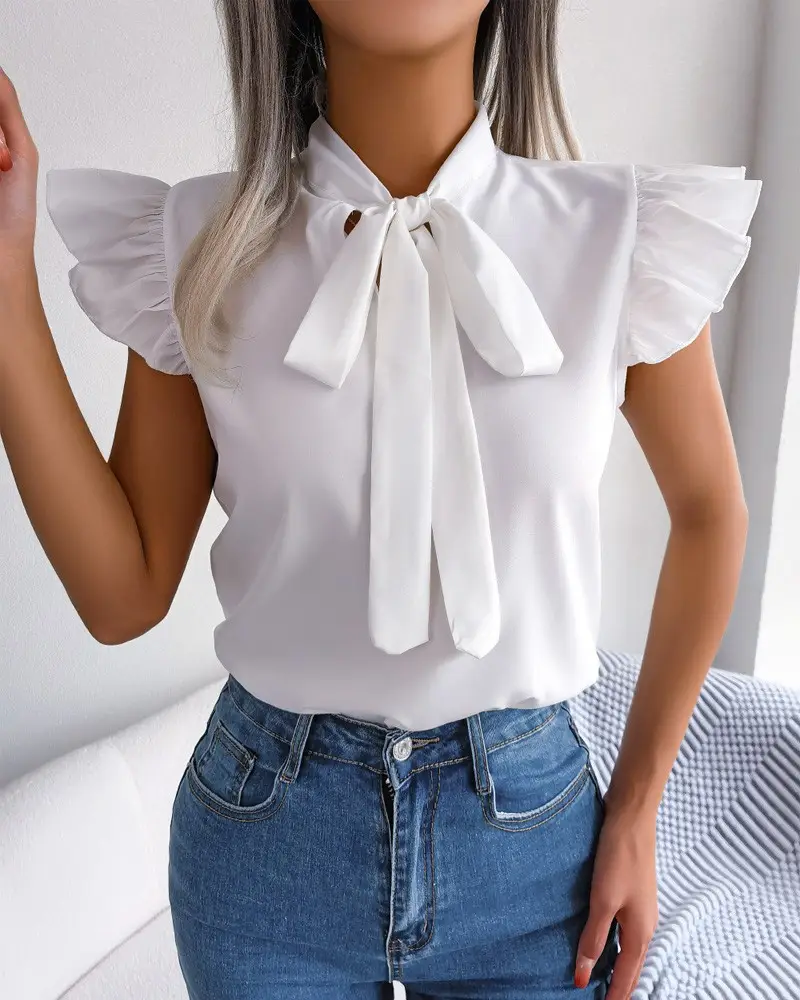 Blue Bow Short Sleeve Top for Women Summer Wear — feature 12