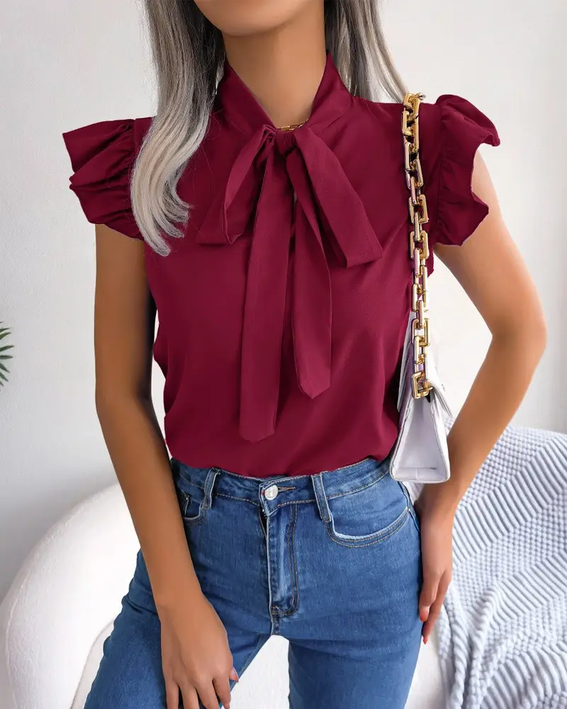 Blue Bow Short Sleeve Top for Women Summer Wear — feature 14